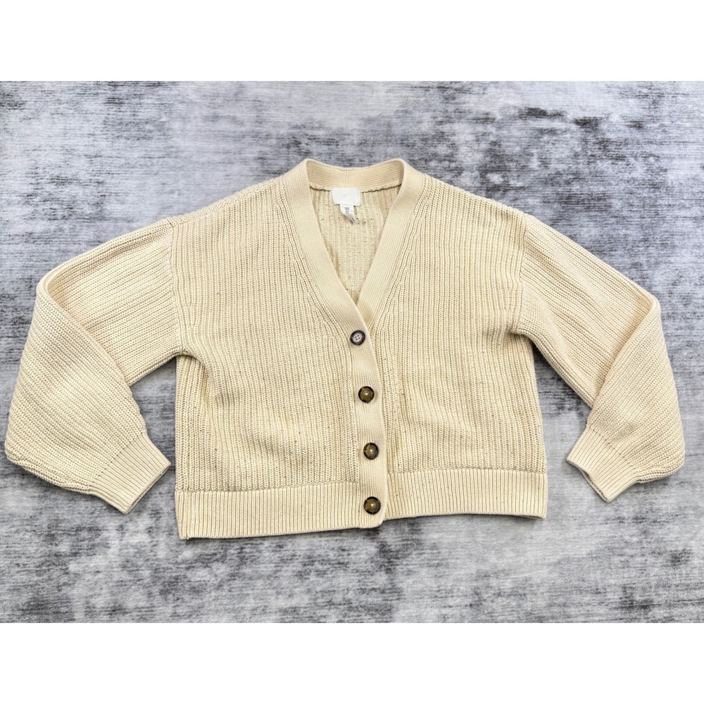 H&M Ribbed Knit Cardigan Beige Speckled V-Neck Button Front Cotton Blend Medium
